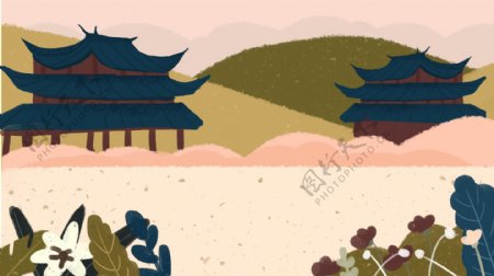 中国古代建筑彩色花叶卡通背景