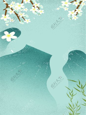 文艺小清新水面倒影花朵柳枝和青山广告背景