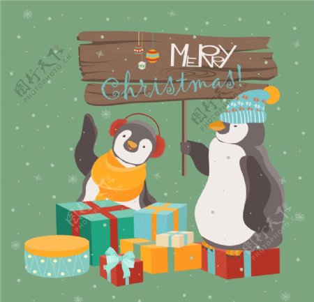 复古圣诞企鹅海报