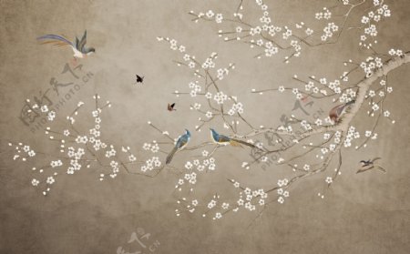 梅花新中式工笔花鸟背景墙装饰画