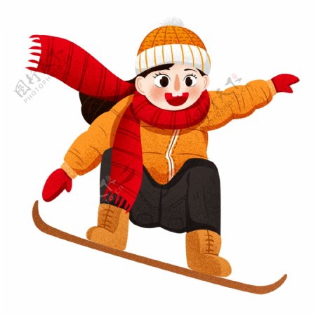 手绘卡通男孩坐在滑雪板上原创元素