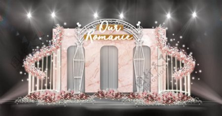 粉色大圆弧花艺舞台欧式镂空拱门婚礼效果图