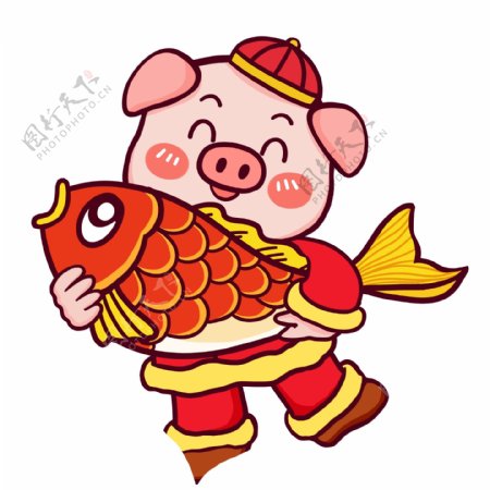 可爱猪猪抱着鱼原创元素