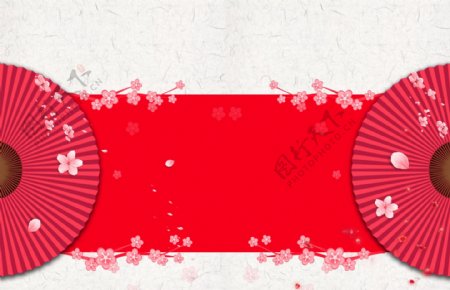红白中国风花朵扇子背景