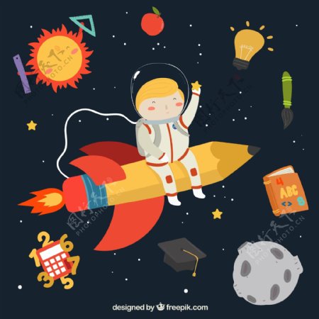 创意坐火箭遨游太空的男孩矢量图