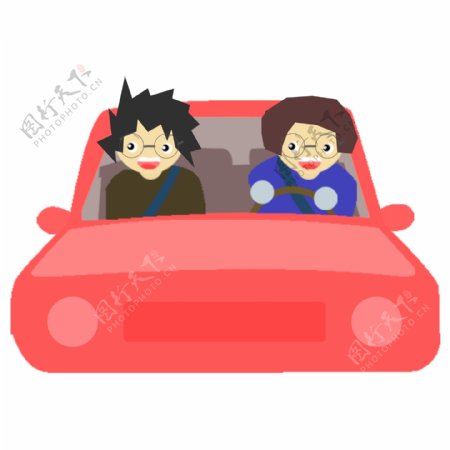 卡通开红色汽车的两个男孩