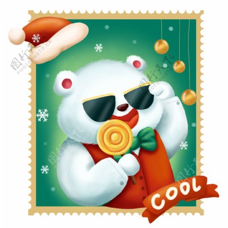 手绘庆祝圣诞邮票卡通可爱北极熊可商用元素