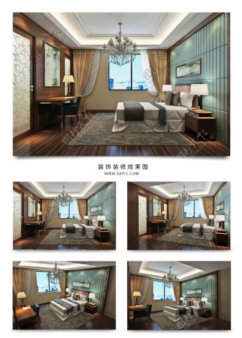 新中式风格酒店客房大床房设计效果图