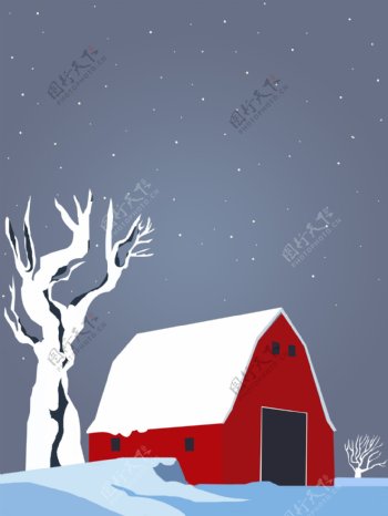简约雪中的红色房子冬季背景素材