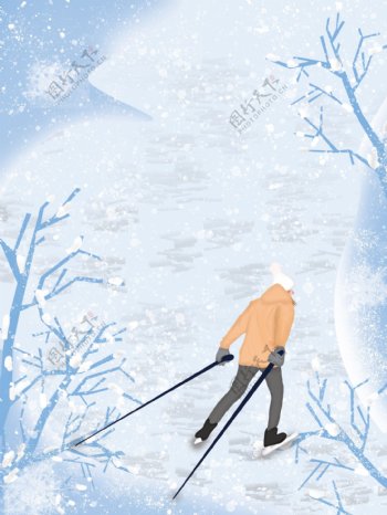 卡通走在雪地里的男孩背影大寒节气背景素材