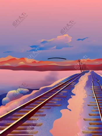 手绘夕阳西下铁路背景素材