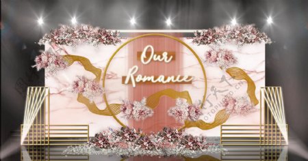 粉色大理石背景粉色纱幔屏风优雅婚礼效果图