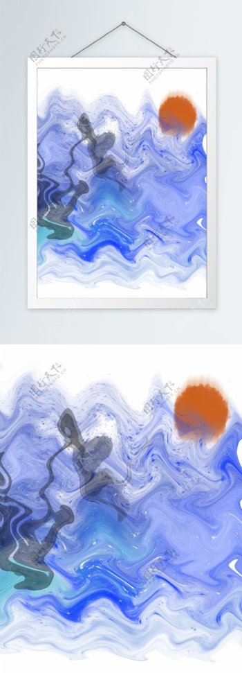 现代抽象蓝墨波浪客厅装饰画