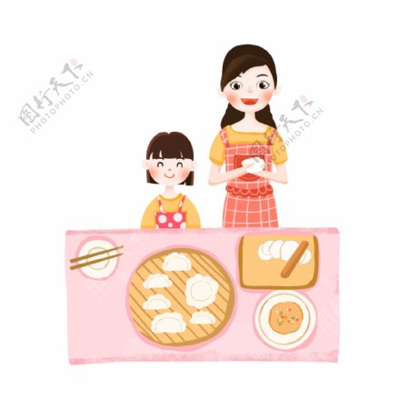 新年2019年妈妈女儿一起包饺子