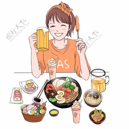 韩国风享受美食大餐的女孩插画人物设计
