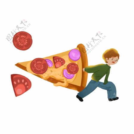 卡通创意拖着披萨的小男孩