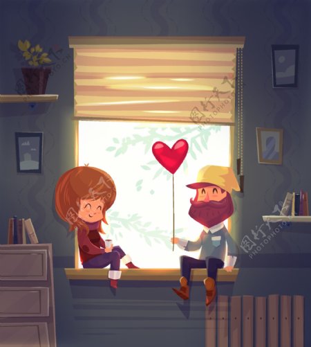 卡通冬日坐在窗边的情侣矢量素材