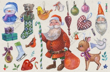 手绘圣诞老人袜子雪人设计素材