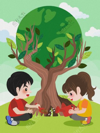 卡通保护生态环境植树插画