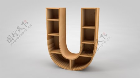字母U形木质现代货架书架木架C4D建模