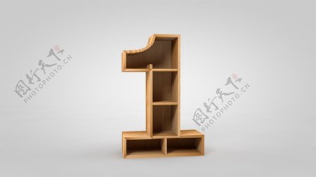 数字1木质现代货架书架木架C4D建模