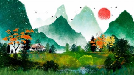 复古唯美中国水墨画风景画中国水彩画插画