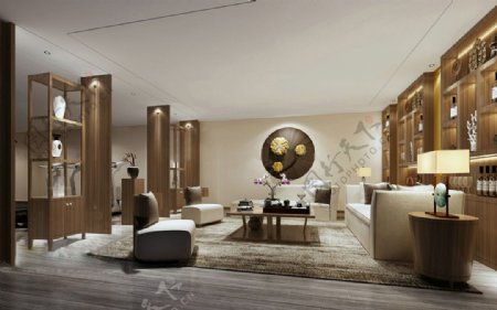 中式客厅沙发茶几背景墙组合3D模型