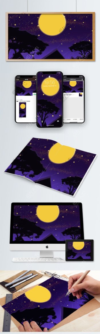 夜空月亮银河紫色天空手机壁纸原创