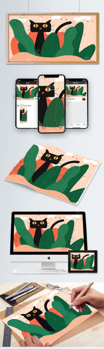 原创矢量插画萌宠系列之躲在叶子后的小黑猫