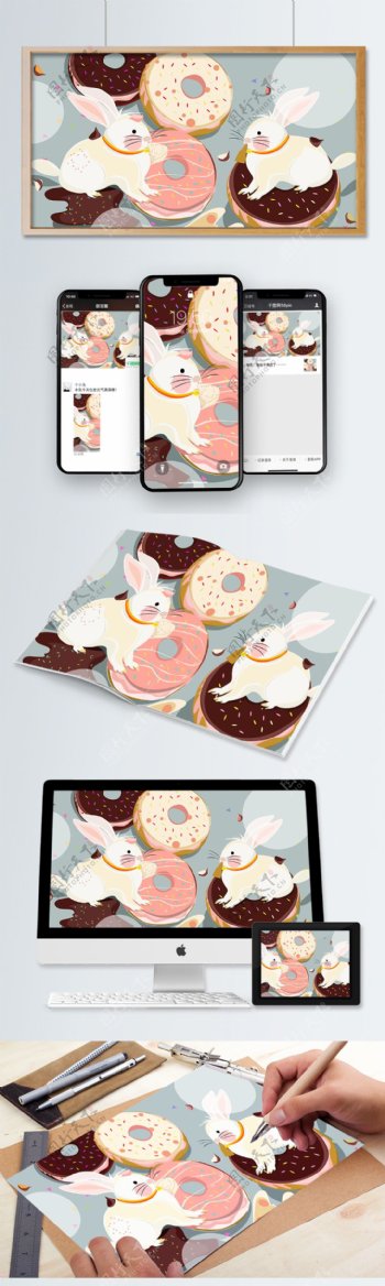 萌宠甜甜圈与兔子情缘手绘插画