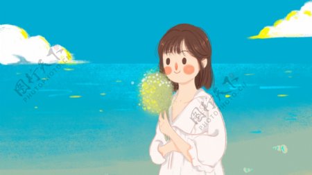 夏天海边女孩旅游插画