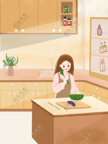 原创家居厨房做饭女孩商业插画
