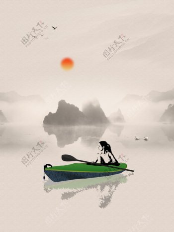 中国风写意山水皮划艇日落余晖装饰画