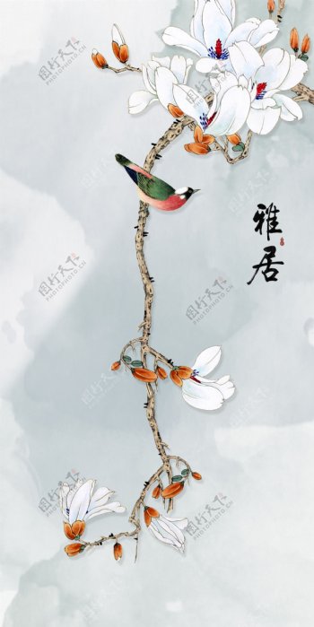 新中式手绘工笔玉兰花玄关背景墙