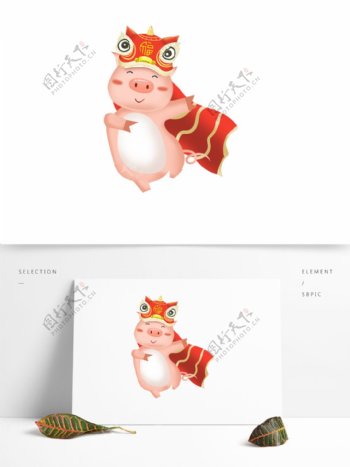 喜庆手绘一起舞狮的小猪设计