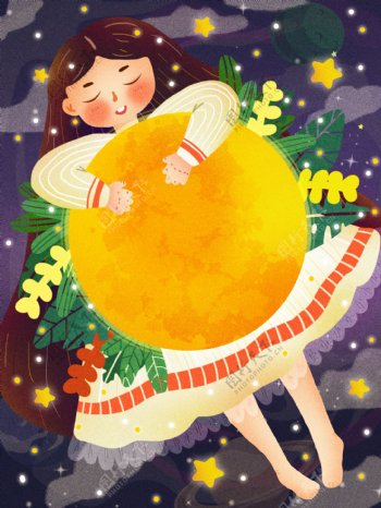 世界睡眠日晚安抱月亮女孩可爱植物肌理噪点