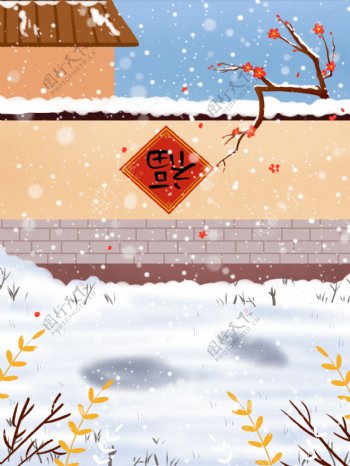 彩绘冬季福字背景设计