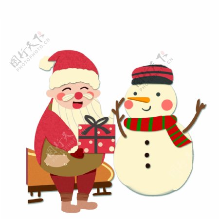 复古手绘圣诞老人和雪人