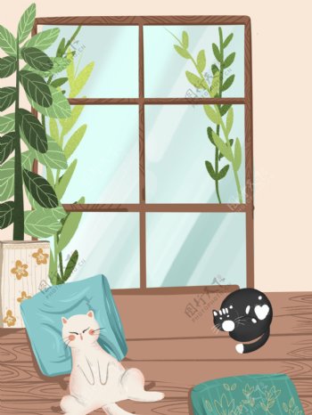 清新手绘家居猫植物背景