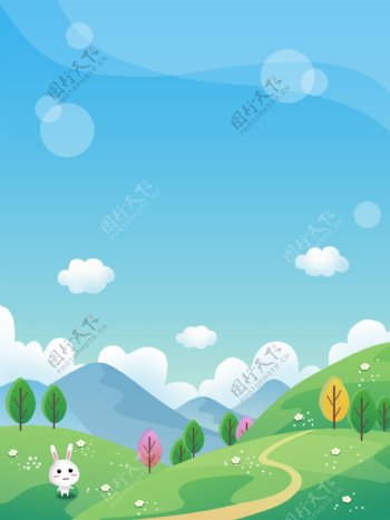 蓝天白云鲜花绿植草原兔子卡通小清新背景