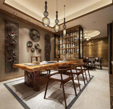 中式餐厅茶室效果图3D模型