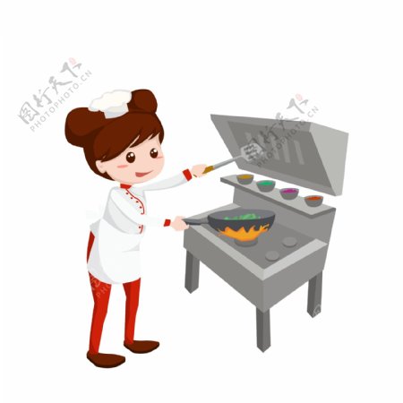 可商用高清手绘卡通女厨师炒菜