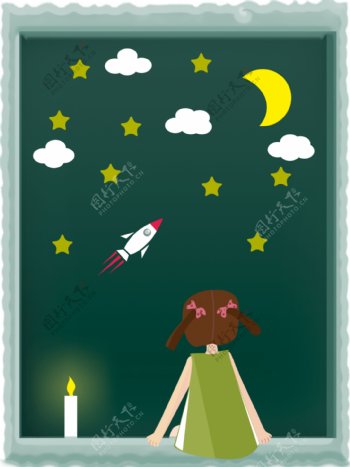 卡通版可爱小女孩夜晚看星星静谧广告背景