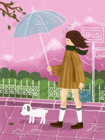 原创手绘春季雨天粉色系浪漫少女背景