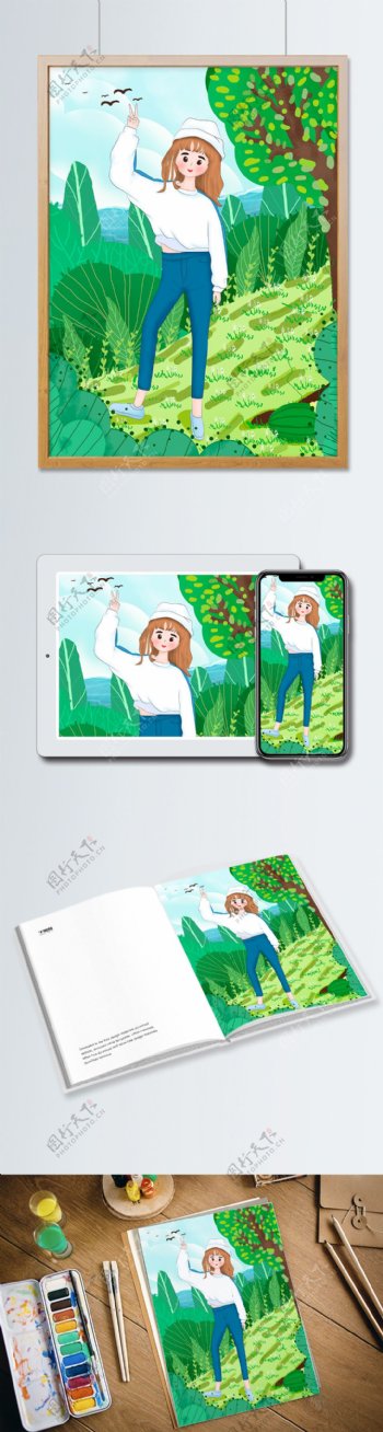 立夏之树下拍照的女孩扁平风插画