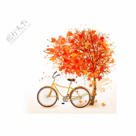 红色枫树下的自行车设计元素