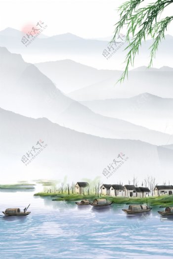 彩色水墨中国风风景海报