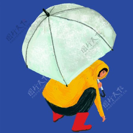 一个蹲着撑着伞的人