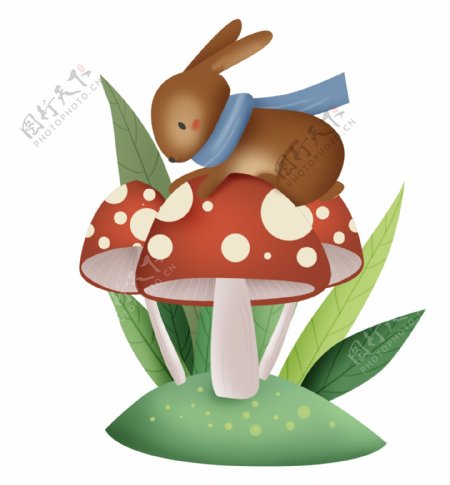 春天红蘑菇上的兔子