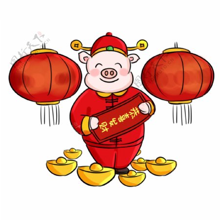 2019猪年新年祝福系列卡通手绘Q版恭喜发财